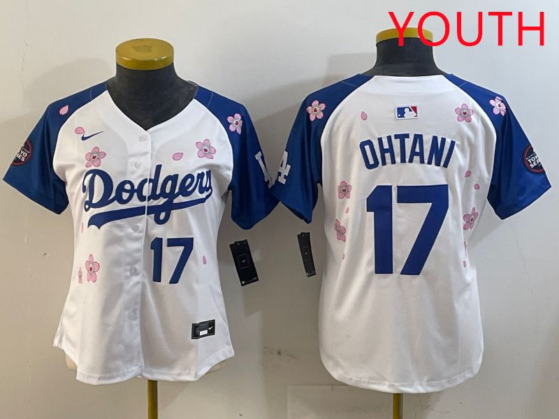 Youth Los Angeles Dodgers #17 Ohtani White Blue Sakura Edition 2025 Nike MLB Jersey style 8->youth mlb jersey->Youth Jersey